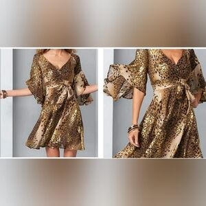 Boho Chic 18 Metallic Gold  Animal Print Bell Sleeve Shimmering Dress